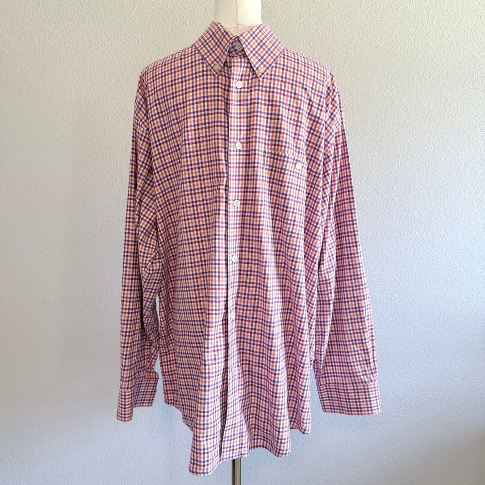 Orvis Mens Large Cotton Gingham Check Button Down Shirt Purple Orange Plaid L - Picture 1 of 6